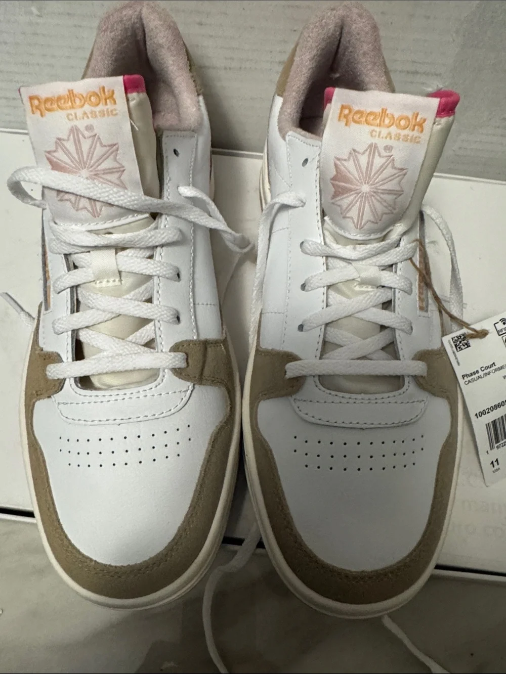 Reebok White Sneakers with Beige Suede and Pink Accents